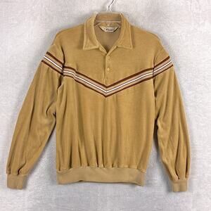 VTG Kingsport Shirt Mens L Tan Chevron Stripe Velour Terry Disco Wiseguy 70s 80s